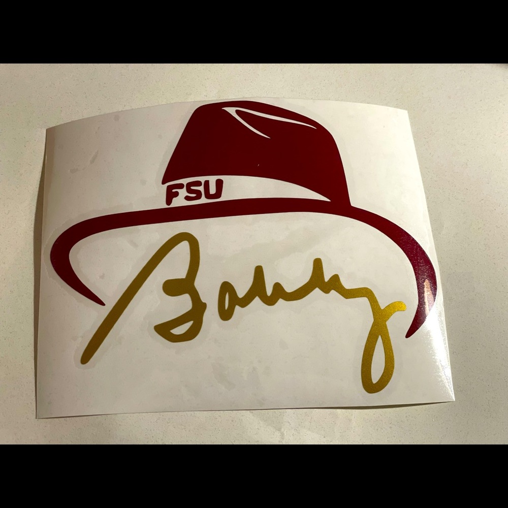 Bobby Bowden vinyl decal with garnet hat and gold signature